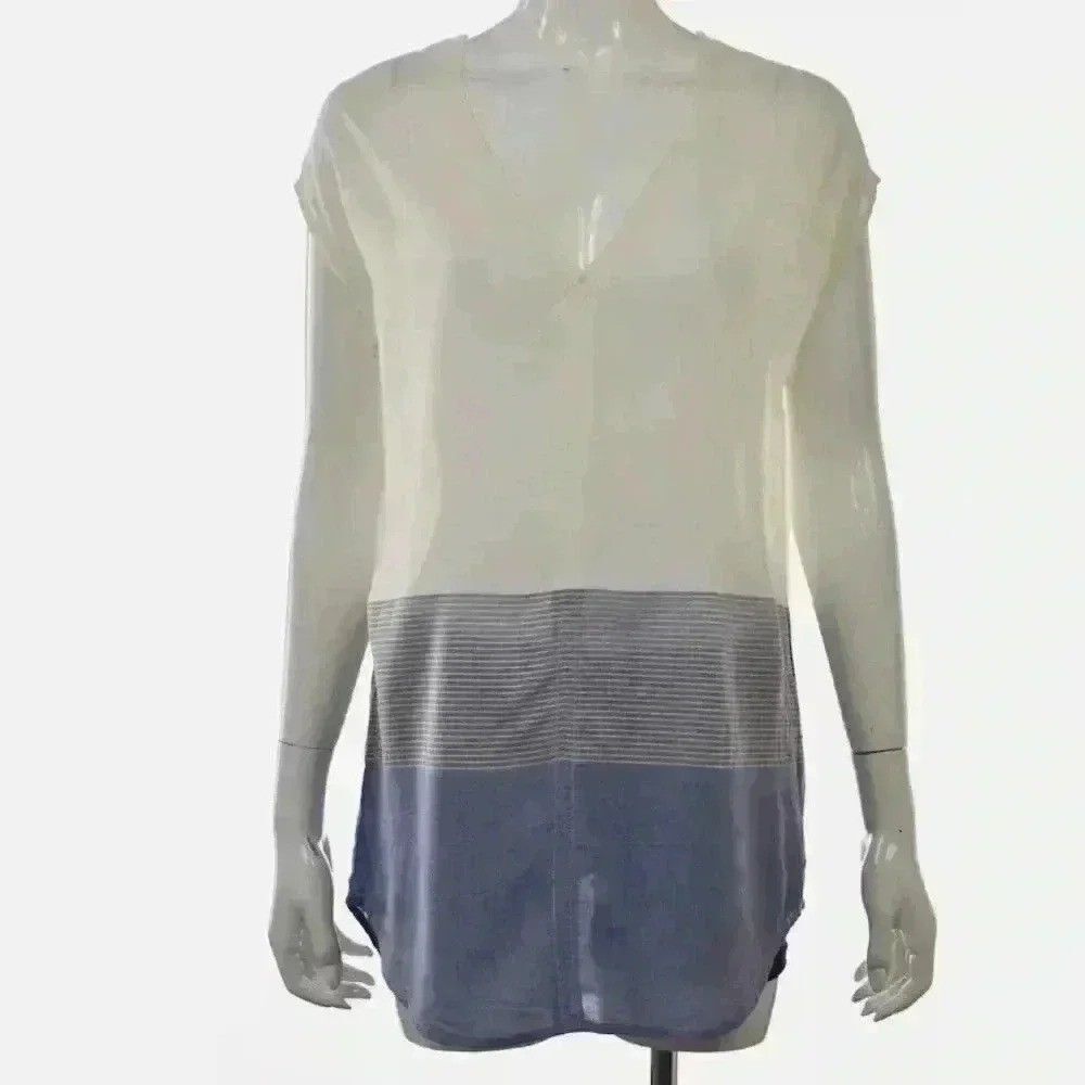 J. Crew Tunic Blouse Womens White Blue Colorblock Striped V-Neck Modal  XS